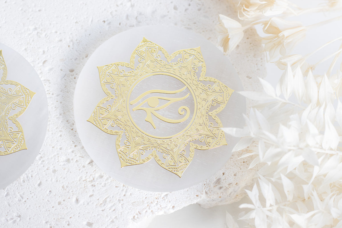 SATIN SPAR SELENITE CHARGING PLATE — EYE OF HORUS MANDALA