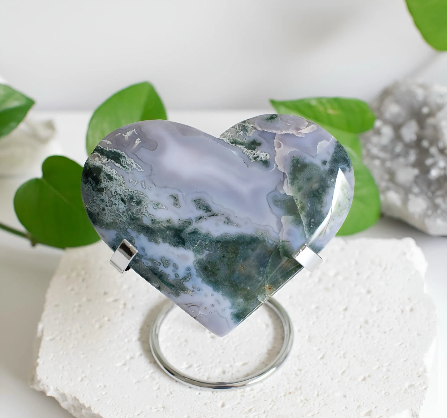 Large Green Moss Agate Heart - Free stand