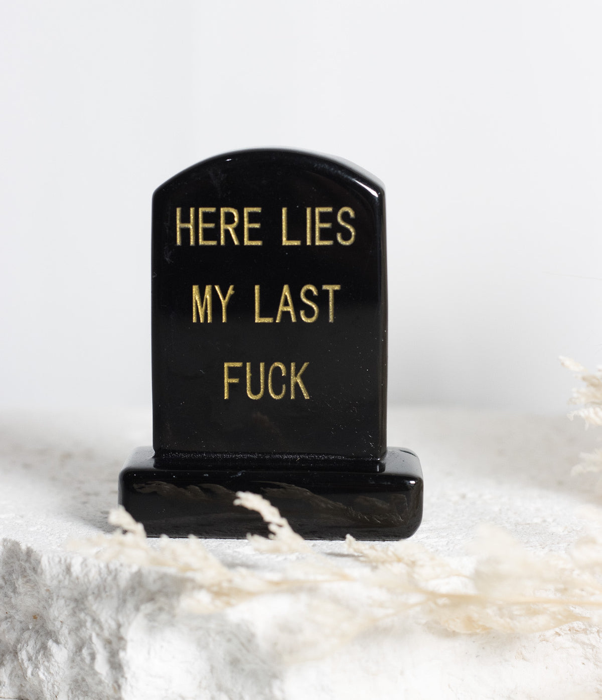 BLACK OBSIDIAN “HERE LIES MY LAST F*CK” TOMBSTONE