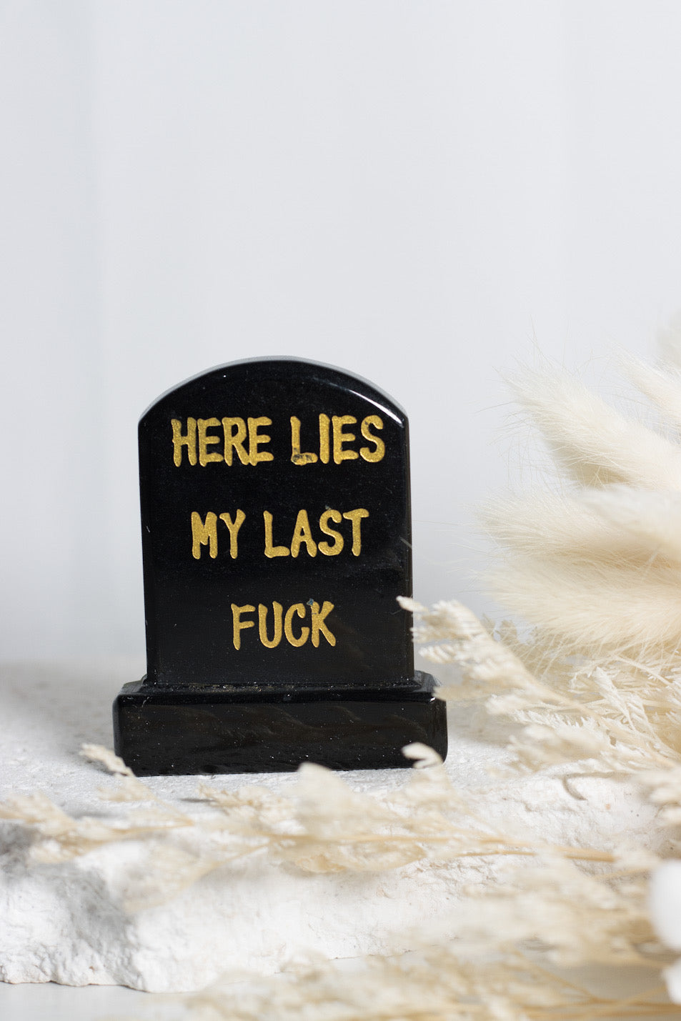 BLACK OBSIDIAN “HERE LIES MY LAST F*CK” TOMBSTONE