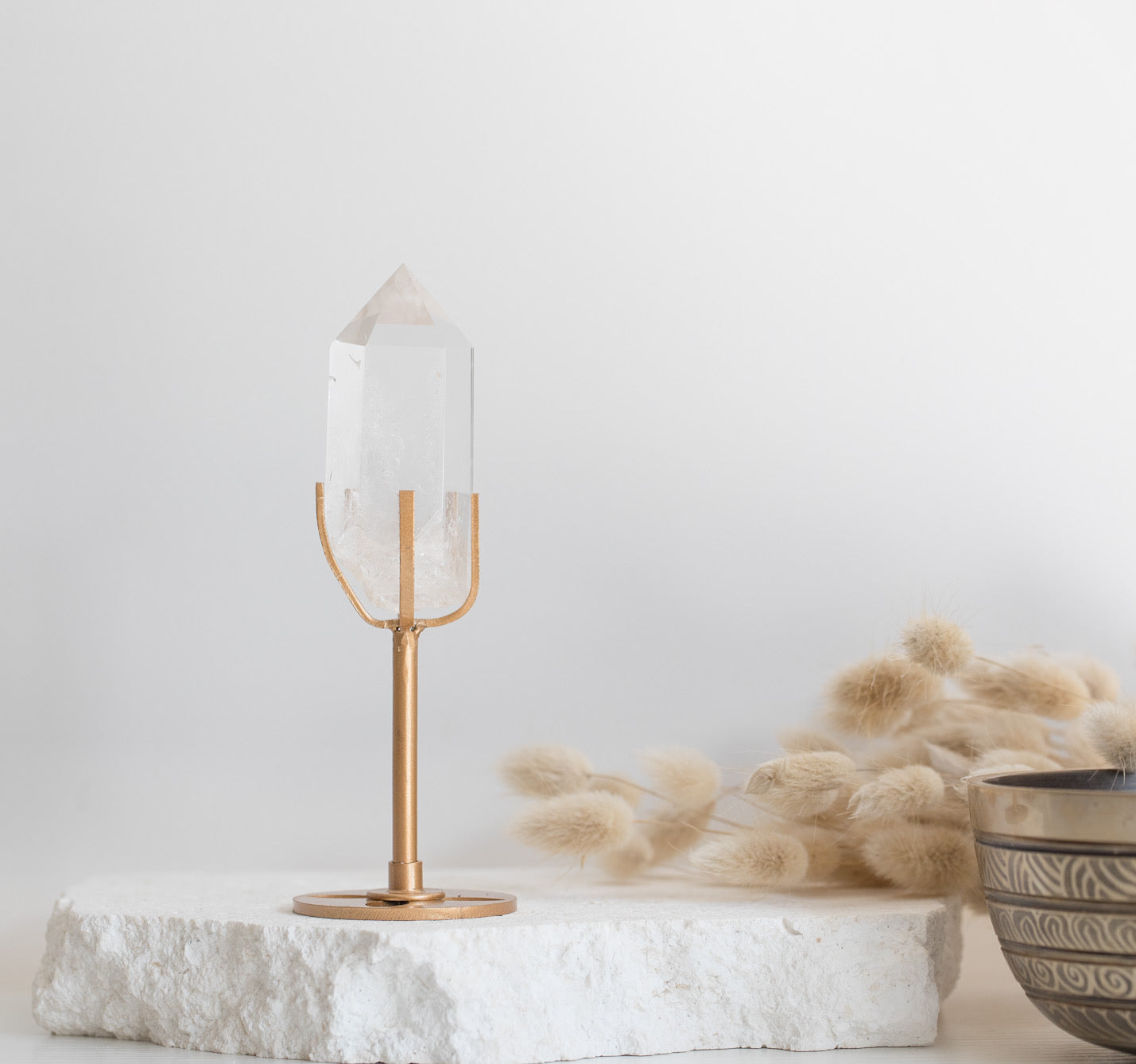 Beautiful Clear Quartz Point & Elegant Gold Stand