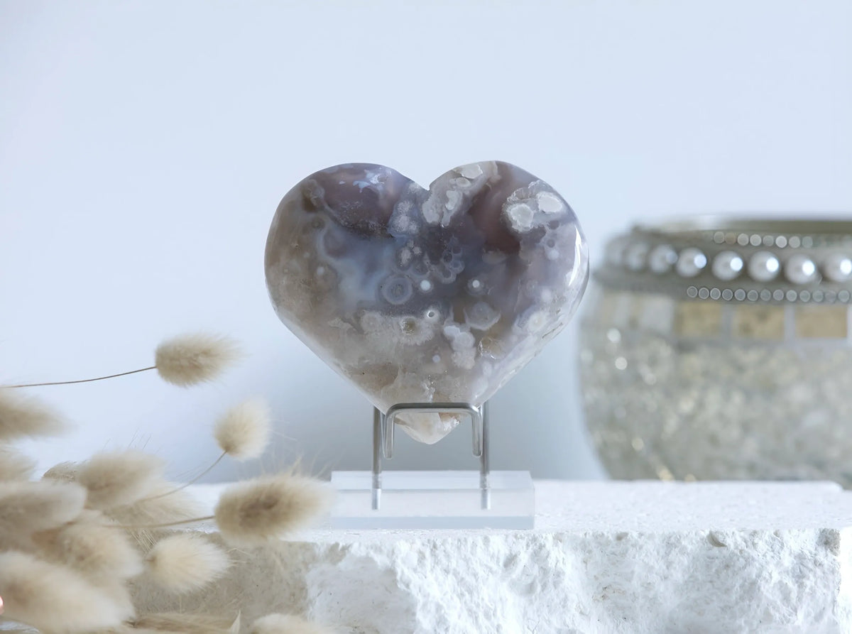Black Flower Agate Heart with Druzy