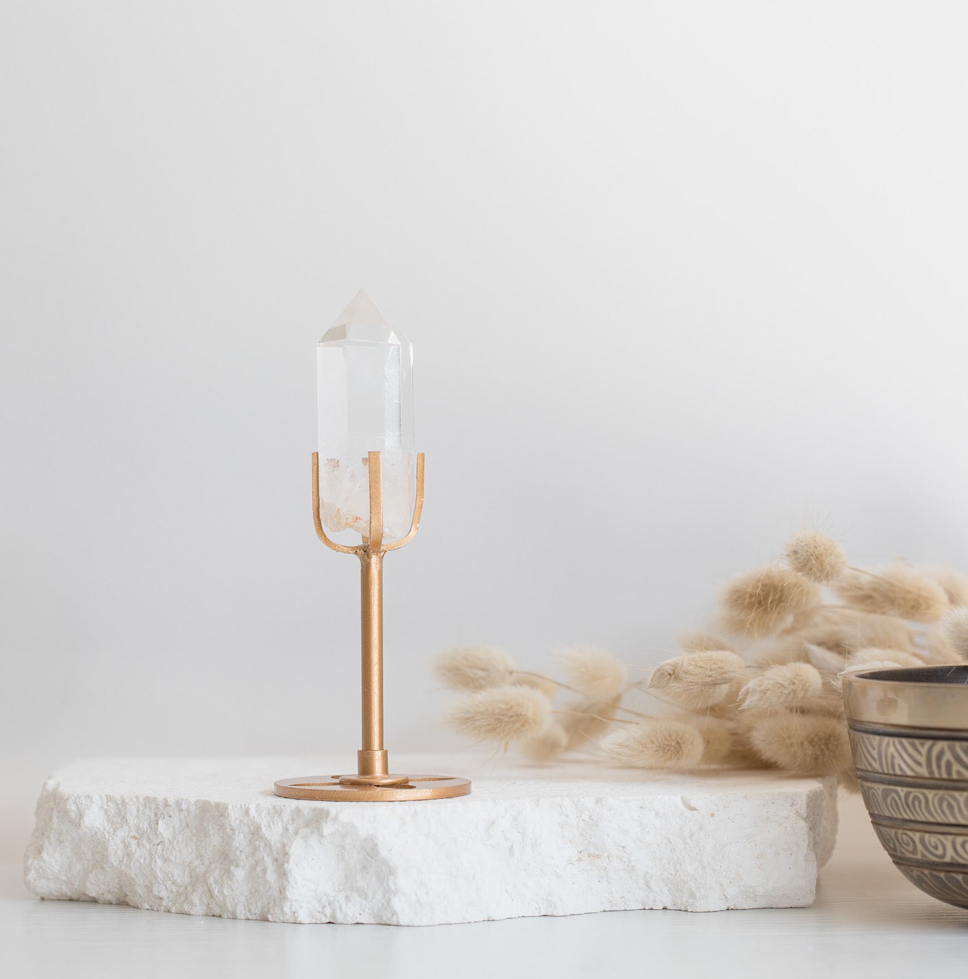 Pretty Clear Quartz Point & Elegant Gold Stand