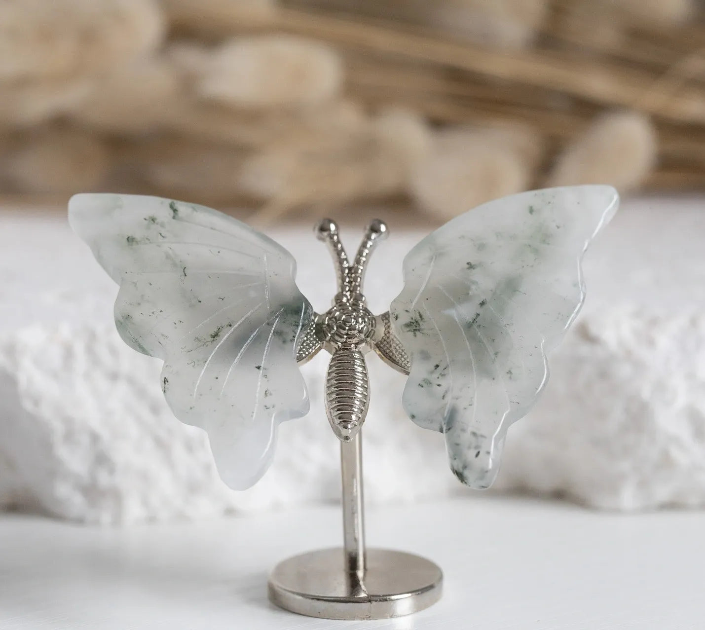 Green Moss Agate mini Butterfly on stand