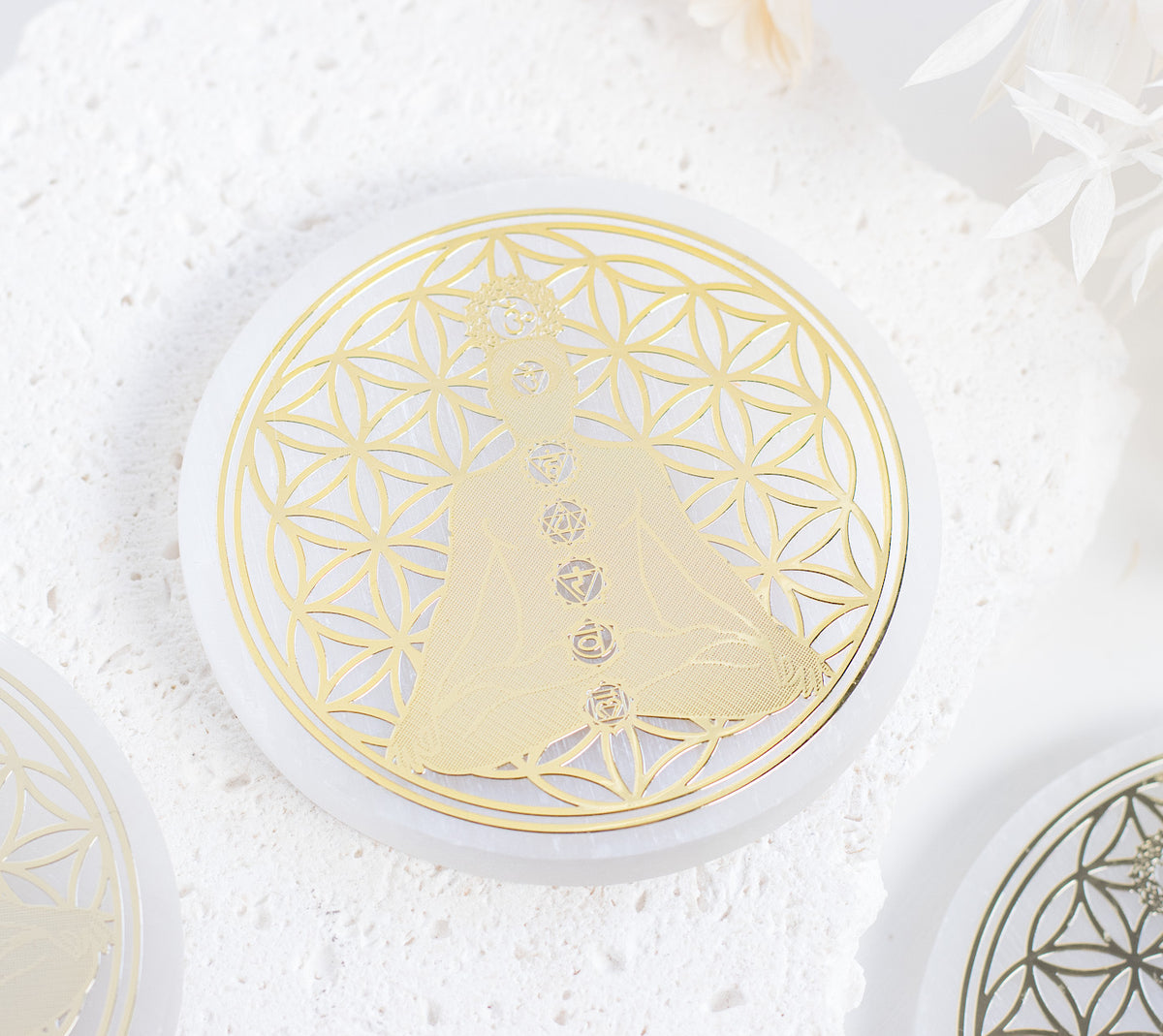 SATIN SPAR SELENITE CHARGING PLATE — SEVEN CHAKRAS