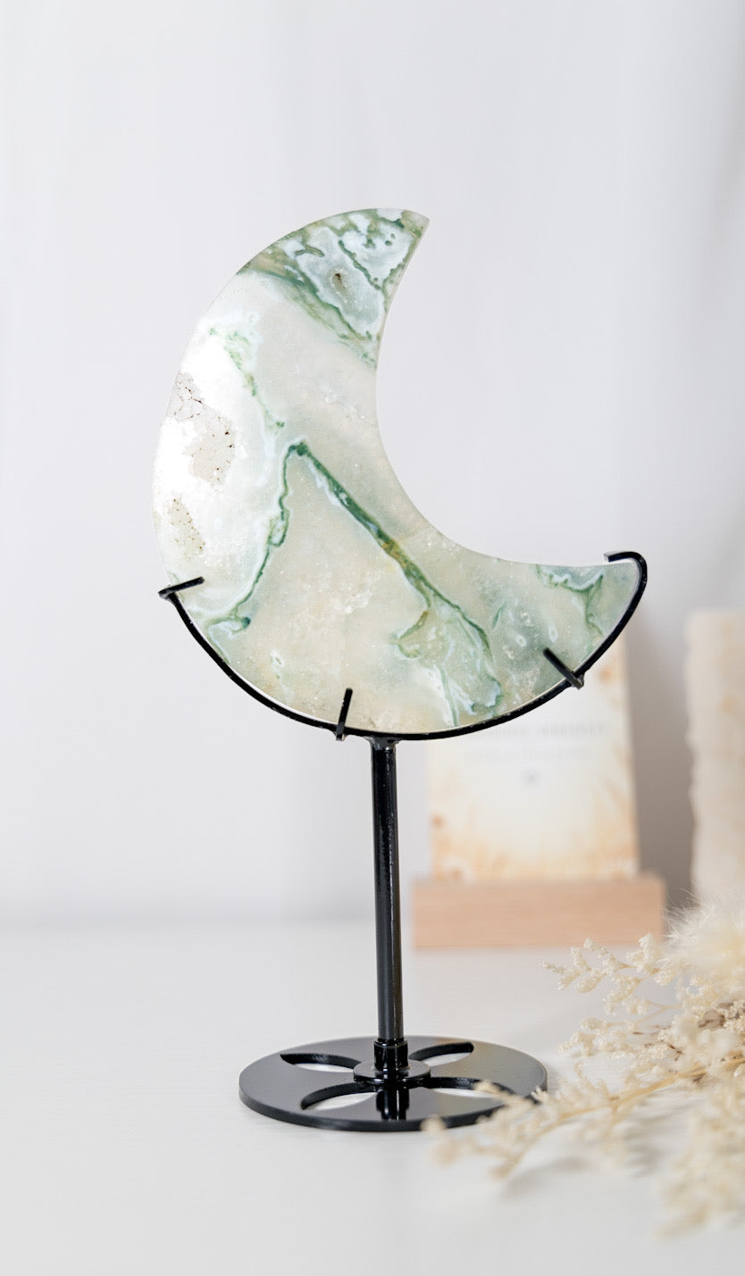 Moss Agate Moon & display stand