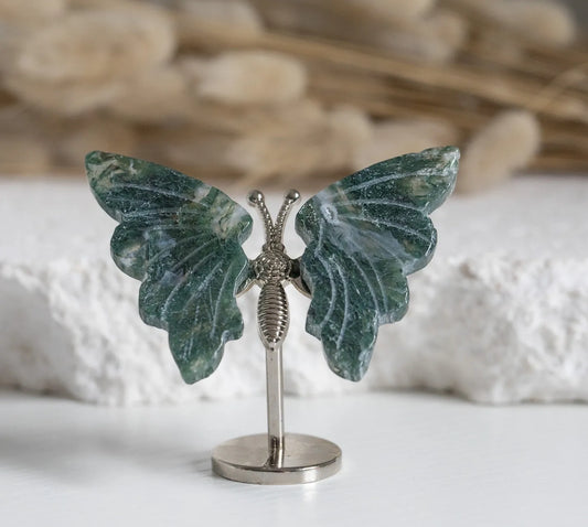 Green Moss Agate mini Butterfly on stand