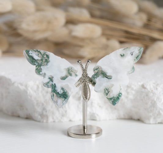 Green Moss Agate mini Butterfly on stand