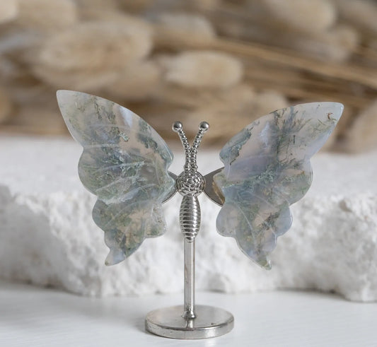 Green Moss Agate mini Butterfly on stand
